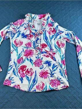 Gilli Floral Ruffle Neck Long-Sleeve Blouse in White with Pink & Blue Print